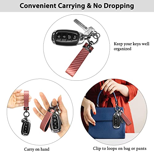QBUC Carbon Fiber Style Car Key Chain Microfiber Leather Key Fob Keychains for Men Women with 360-degree Rotatable Swivel, Anti-Lost D-Ring, 2 Keyrings (Pink) - Image 2