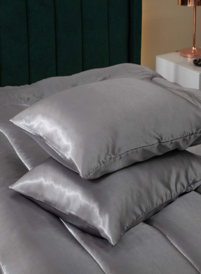 Bedding_Dreamer Satin Comforter Set - King Size, Luxury Hotel Style, Silk Like, Polyester Filling, 1 Comforter 2 Pillowcases (Grey) - Image 4