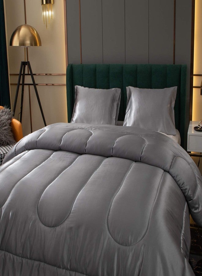 Bedding_Dreamer Satin Comforter Set - King Size, Luxury Hotel Style, Silk Like, Polyester Filling, 1 Comforter 2 Pillowcases (Grey) - Image 3