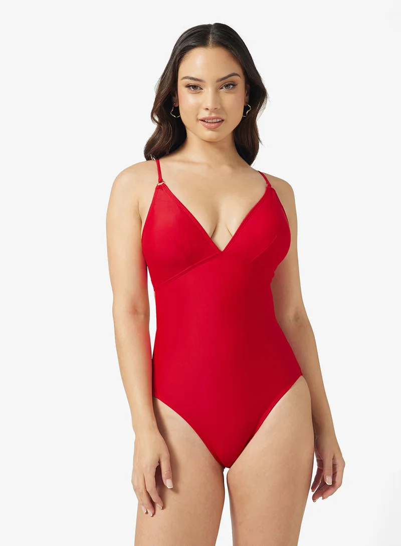 جينجر Plunge Neck Back Cutout Detail Swimsuit