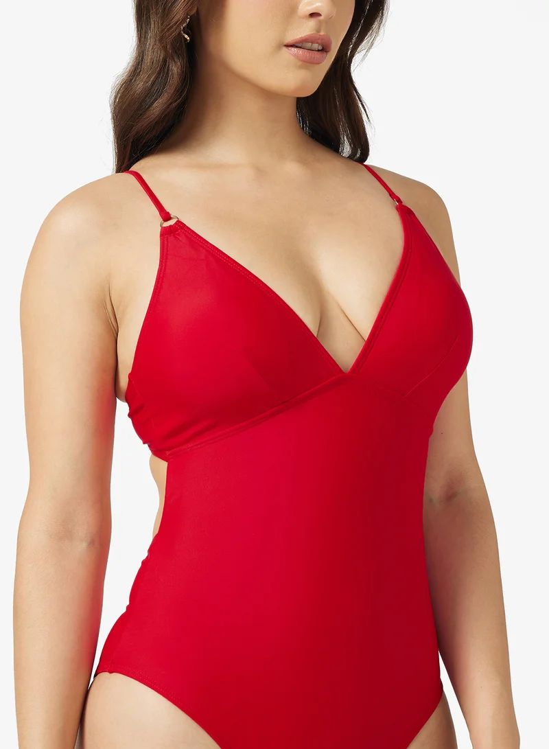 جينجر Plunge Neck Back Cutout Detail Swimsuit