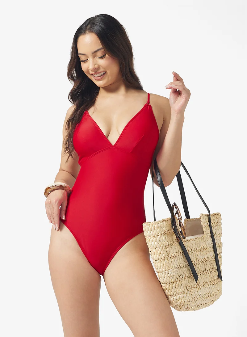 جينجر Plunge Neck Back Cutout Detail Swimsuit