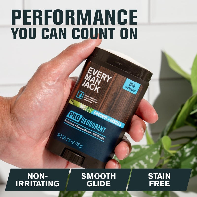 Every Man Jack Men's Pro Deodorant - 48-Hour Odor Defense Blend - Aluminum Free - Contains Postbiotics, Tapioca Stach & Oat Powder - Coconut + Vanilla Scent - 2.6 oz - 1 Pack - Image 4