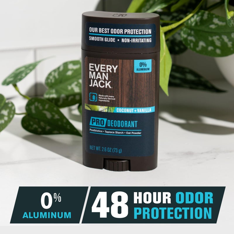 Every Man Jack Men's Pro Deodorant - 48-Hour Odor Defense Blend - Aluminum Free - Contains Postbiotics, Tapioca Stach & Oat Powder - Coconut + Vanilla Scent - 2.6 oz - 1 Pack - Image 2