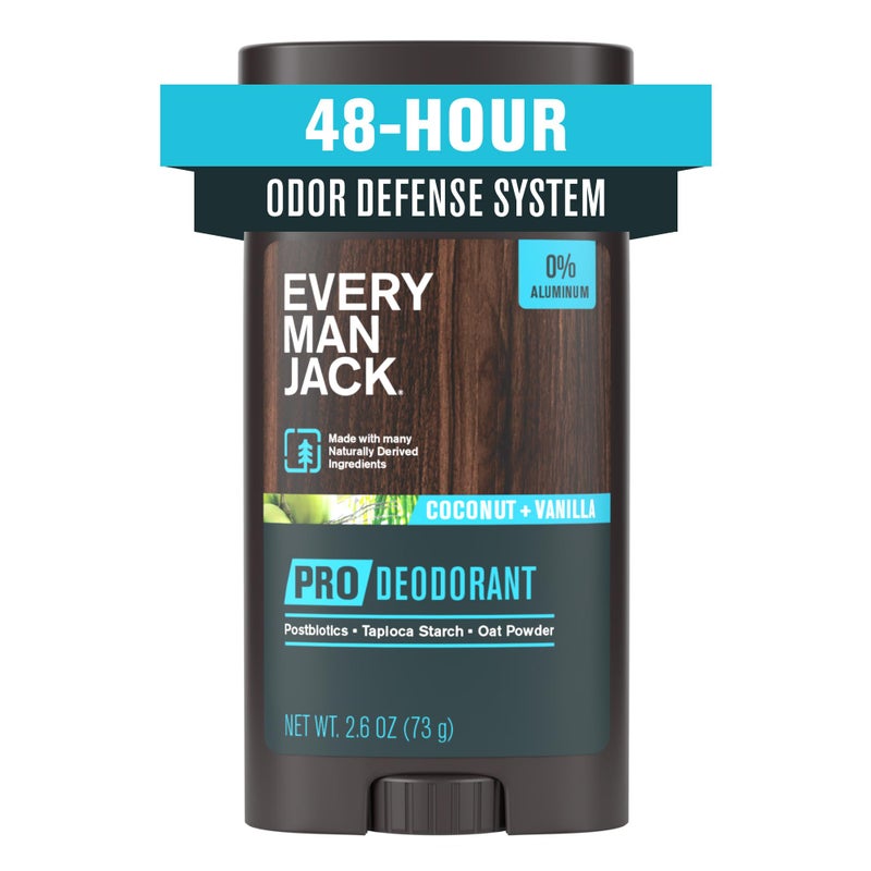 Every Man Jack Men's Pro Deodorant - 48-Hour Odor Defense Blend - Aluminum Free - Contains Postbiotics, Tapioca Stach & Oat Powder - Coconut + Vanilla Scent - 2.6 oz - 1 Pack - Image 1