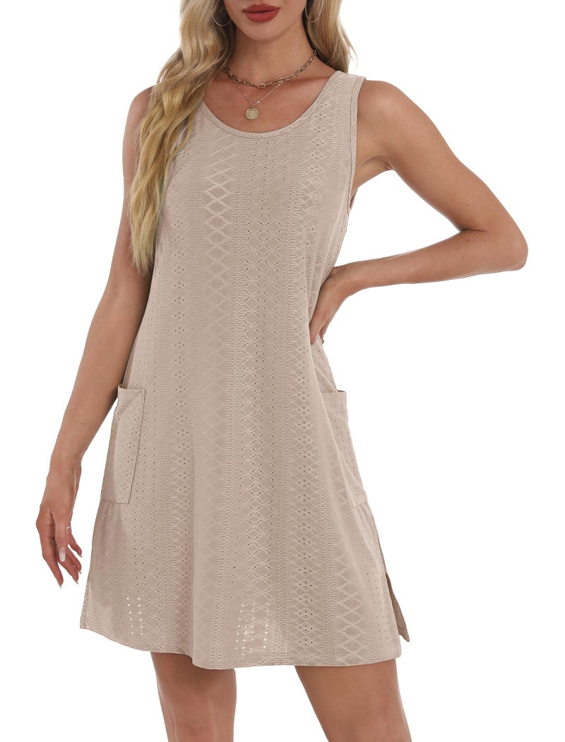 BKRIVE Swimsuit Coverup for Women Summer Dresses 2026 Loose Swing Tank Dress Cruise Outfits Sundresses with Pockets Eyelet Apricot L - Image 4