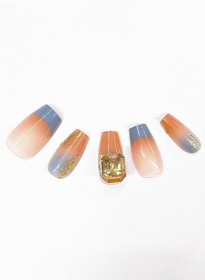 NIBEMINENT 30Pcs Fake Nails, Press Nails In Box,Mid-length Flat head shaped Solid Blue Orange Color Shiny Nail Art,Oil painting style,Big Yellow Zircon,Fake Nail Patch  - Image 2