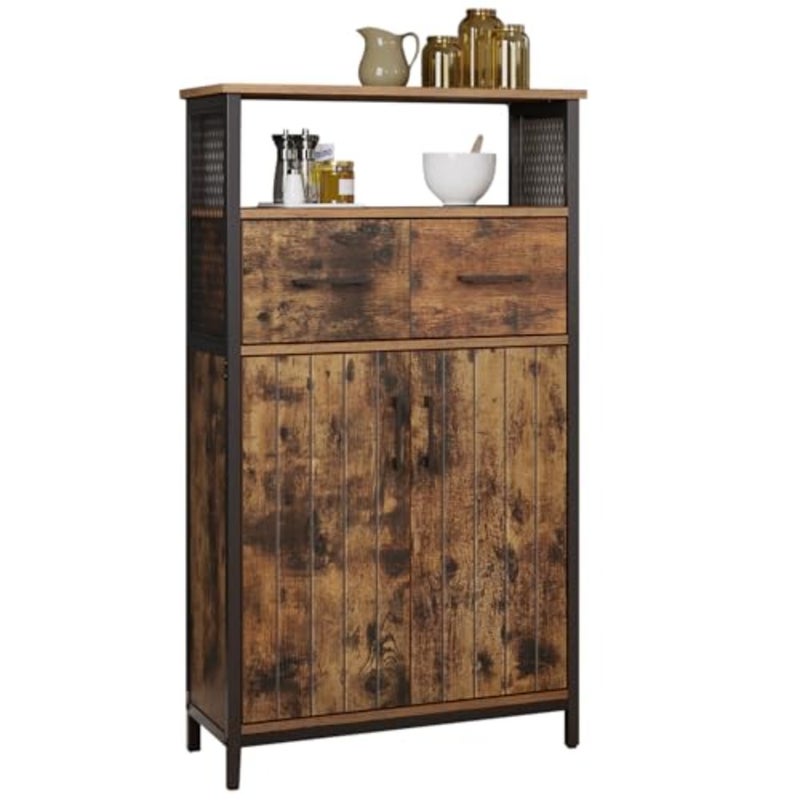 Storage Cabinet, Multipurpose Sideboard and Adjustable Shelf, Bathroom Cabinet, Steel Frame, for Living Room Kitchen, Industrial Style, Rustic Brown and Black LSC261B01 - Image 1