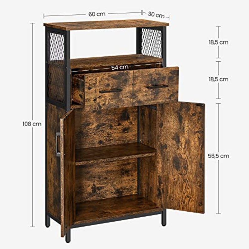 Storage Cabinet, Multipurpose Sideboard and Adjustable Shelf, Bathroom Cabinet, Steel Frame, for Living Room Kitchen, Industrial Style, Rustic Brown and Black LSC261B01 - Image 3