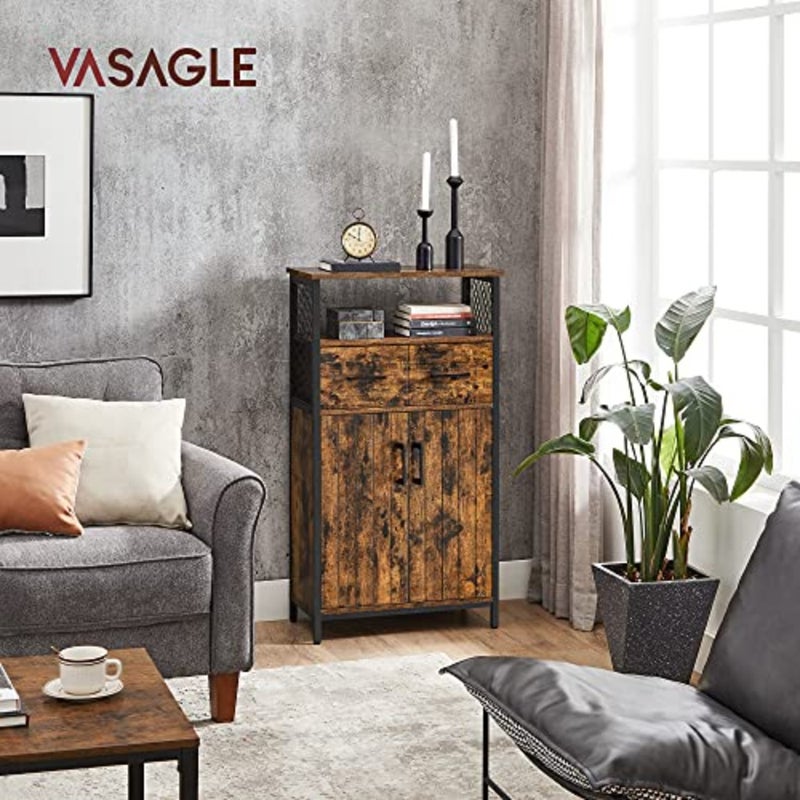 Storage Cabinet, Multipurpose Sideboard and Adjustable Shelf, Bathroom Cabinet, Steel Frame, for Living Room Kitchen, Industrial Style, Rustic Brown and Black LSC261B01 - Image 2