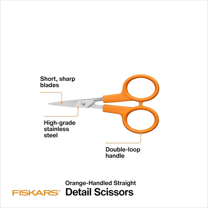 Fiskars OrangeHandled Straight Detail Scissors Stainless Steel Blades Ambidextrous Doubleloop Handle - Image 2