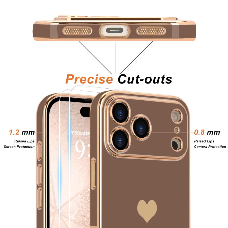 Teageo for iPhone 17 Pro Max Case with Screen Protector [2 Pack] Girl Women Cute Girly Love-Heart Luxury Gold Soft Cover Camera Protection Shockproof Phone Case for iPhone 17 Pro Max, Desert Gold - Image 2