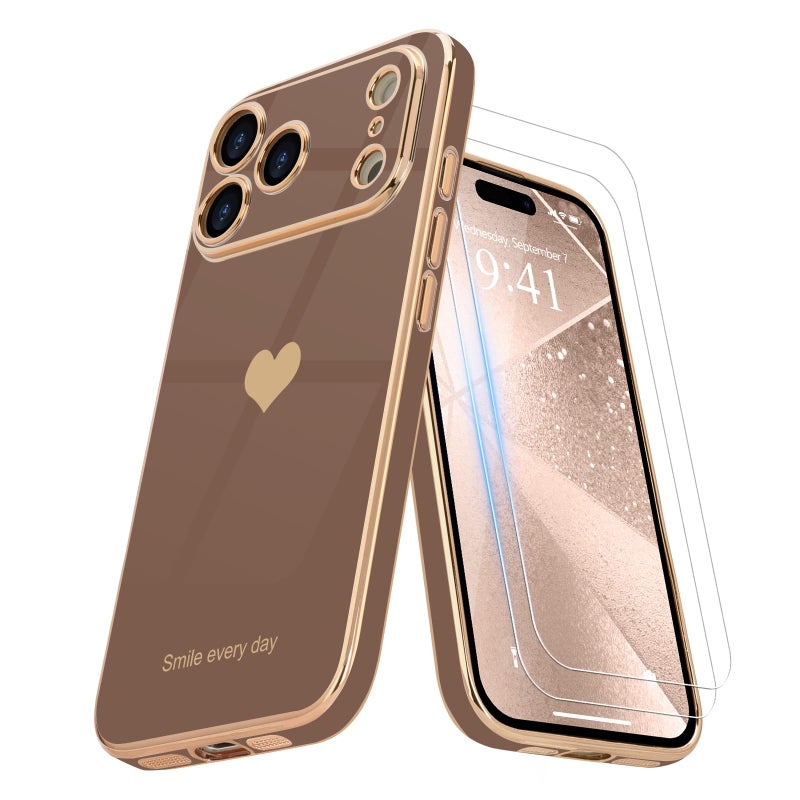 Teageo for iPhone 17 Pro Max Case with Screen Protector [2 Pack] Girl Women Cute Girly Love-Heart Luxury Gold Soft Cover Camera Protection Shockproof Phone Case for iPhone 17 Pro Max, Desert Gold - Image 1