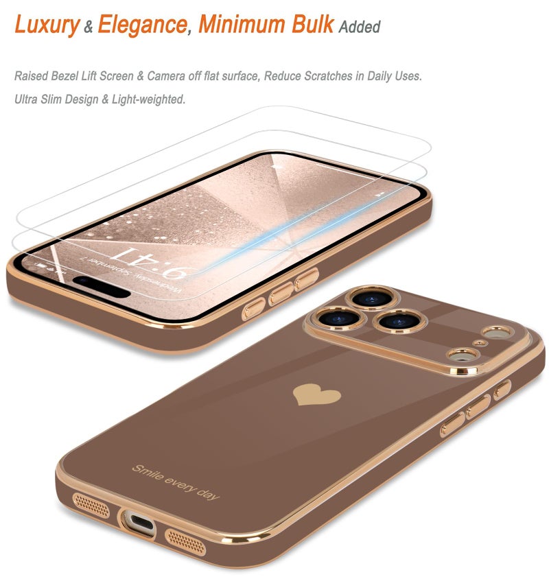 Teageo for iPhone 17 Pro Max Case with Screen Protector [2 Pack] Girl Women Cute Girly Love-Heart Luxury Gold Soft Cover Camera Protection Shockproof Phone Case for iPhone 17 Pro Max, Desert Gold - Image 3