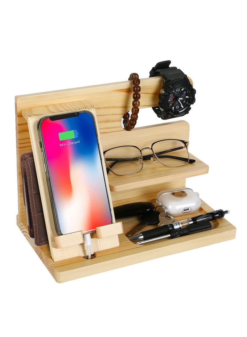 كي واي دي محطة إرساء الهاتف الخشبية، حامل مفتاح التخزين متعدد الوظائف، منظم المكتب سهل التركيب رف الهاتف الخشبية لتخزين المكتب، المنزل - Image 1