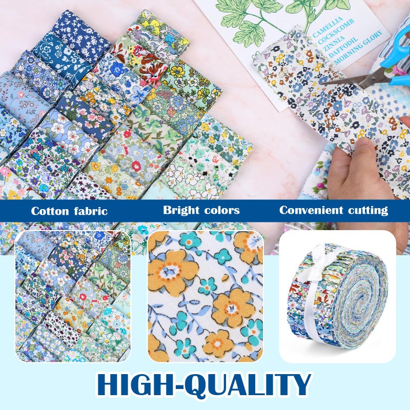 Ftyiwu 45 Pcs Fabric Jelly Rolls, Jelly Roll Strips for Quilting, Patchwork Craft Cotton Quilting Fabric, Plain Weave Cotton for Sewing Project (Blue Series) - Image 3