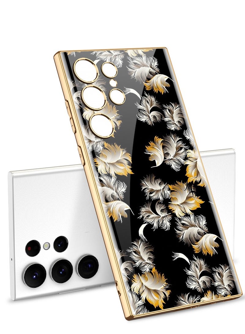 شيلد ايجيبت لهاتف سامسونج جالاكسى اس 24 الترا (Samsung Galaxy S24 Ultra) جراب حماية زجاجية بطبعات زهور ثلاثية الأبعاد بإطار ذهبي - (اسود)