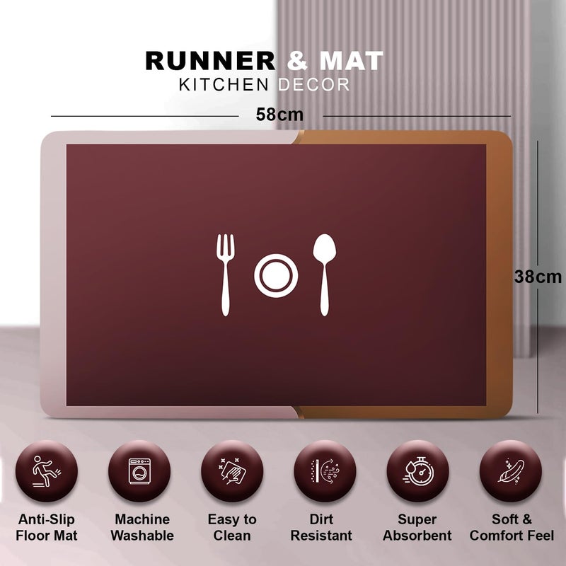 Status Contract Set of Runner Mat Kitchen Decor AntiSkid Rubber Kitchen Floor Mat Napa Skin Super Absorbent Non Slip Mat Floor Rug Waterproof Kitchen Mat Brown RR120x40DM38x58 CM - Image 2