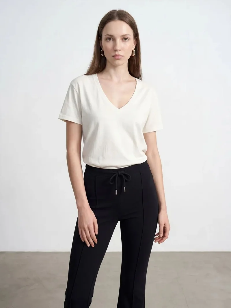 ديلفين Dilvin Cotton Tencel V-Neck Short-Sleeve Blouse
