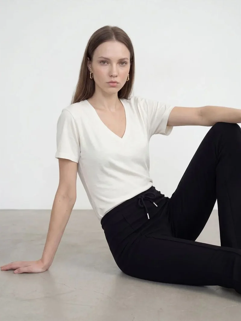 ديلفين Dilvin Cotton Tencel V-Neck Short-Sleeve Blouse