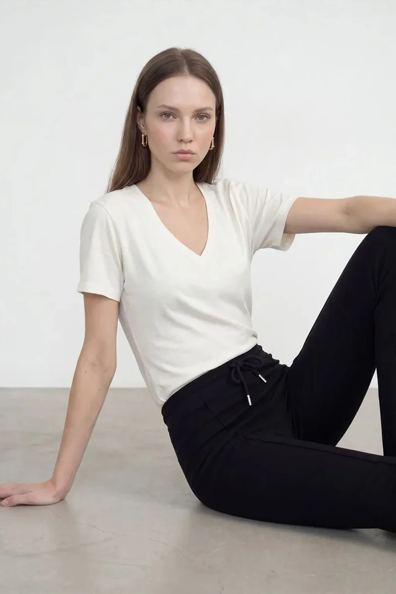 Dilvin Dusty White DILVIN Cotton Tencel V-Neck Short-Sleeve Blouse for Women | Best Price UAE