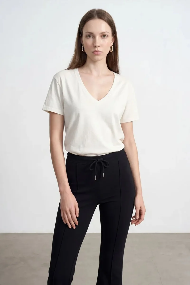 DILVIN Cotton Tencel V-Neck Short-Sleeve Blouse