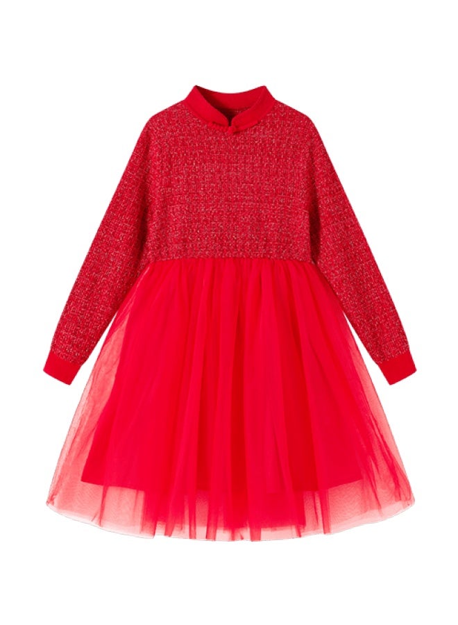 Yeehoo Girls' Dress Princess Dress Children's New Year Red Dress Evening Dress Spring Bright Red Size 140 - Image 5