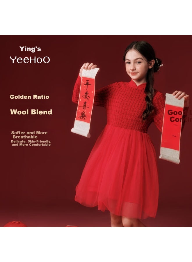 Yeehoo Girls' Dress Princess Dress Children's New Year Red Dress Evening Dress Spring Bright Red Size 140 - Image 1