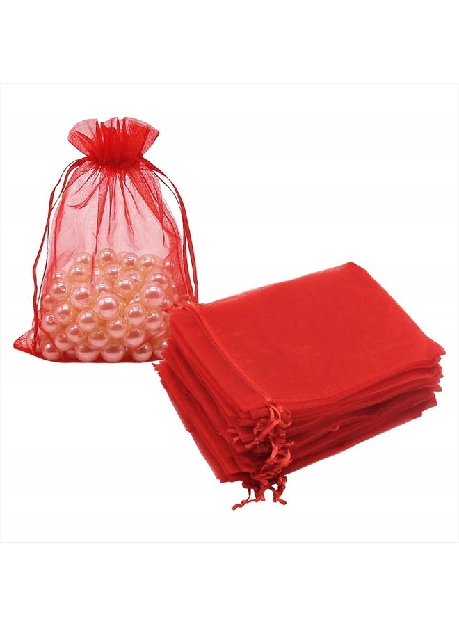 HRX Package Organza Bags Red 100pcs, 5 x 7 inches Christmas Gift Drawstring Bags Mesh Jewelry Pouches for Wedding Party Favors - Image 1