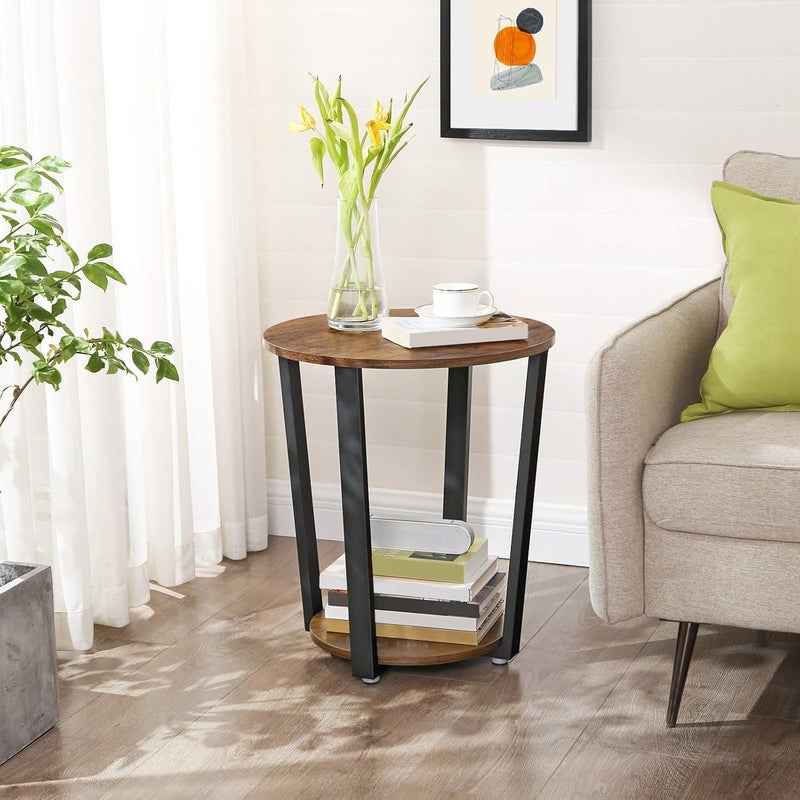 Priti طاولة جانبية صناعية من بريتي طاولة معدنية مستديرة مع رف تخزين تصميم مستقر وقوي تجميع سهل أثاث بتصميم خشبي مع إطار معدني ULET57X - Image 2