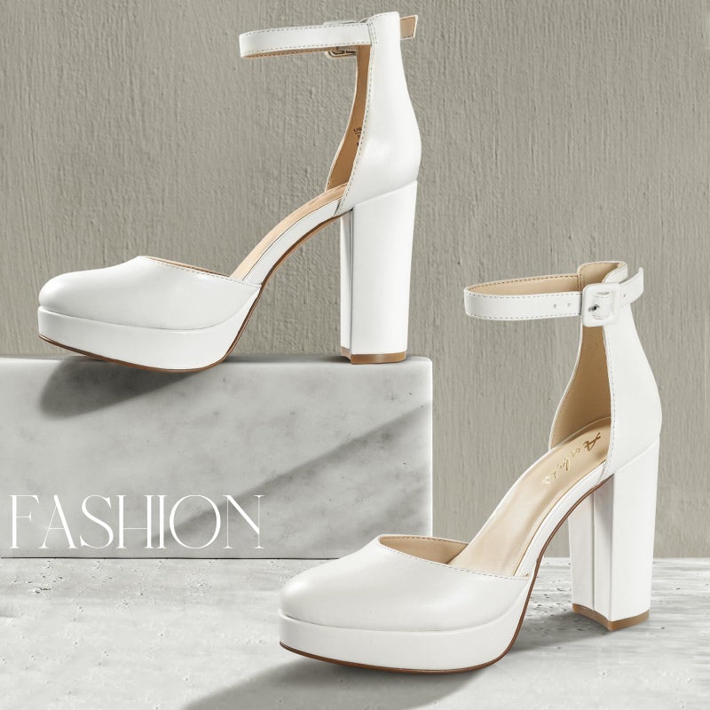 Ankis White Platform Closed Toe Heels for Women, Womens Heels Closed Round Toe Chunky Block Pumps Shoes, 4 Inch - Image 4