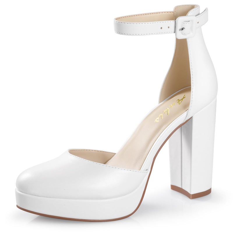 Ankis White Platform Closed Toe Heels for Women, Womens Heels Closed Round Toe Chunky Block Pumps Shoes, 4 Inch - Image 1