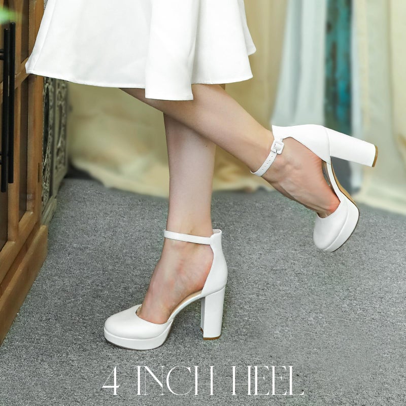 Ankis White Platform Closed Toe Heels for Women, Womens Heels Closed Round Toe Chunky Block Pumps Shoes, 4 Inch - Image 5