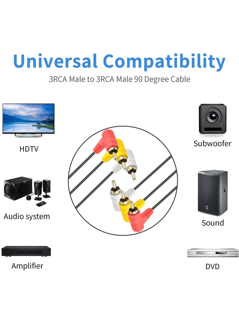 90 Degree Audio Video RCA Cable, Right Angled 3RCA Male to Male Composite AV Cable with Gold Plated for DVD, CD, TV, AV, etc (5FT/1.5M)