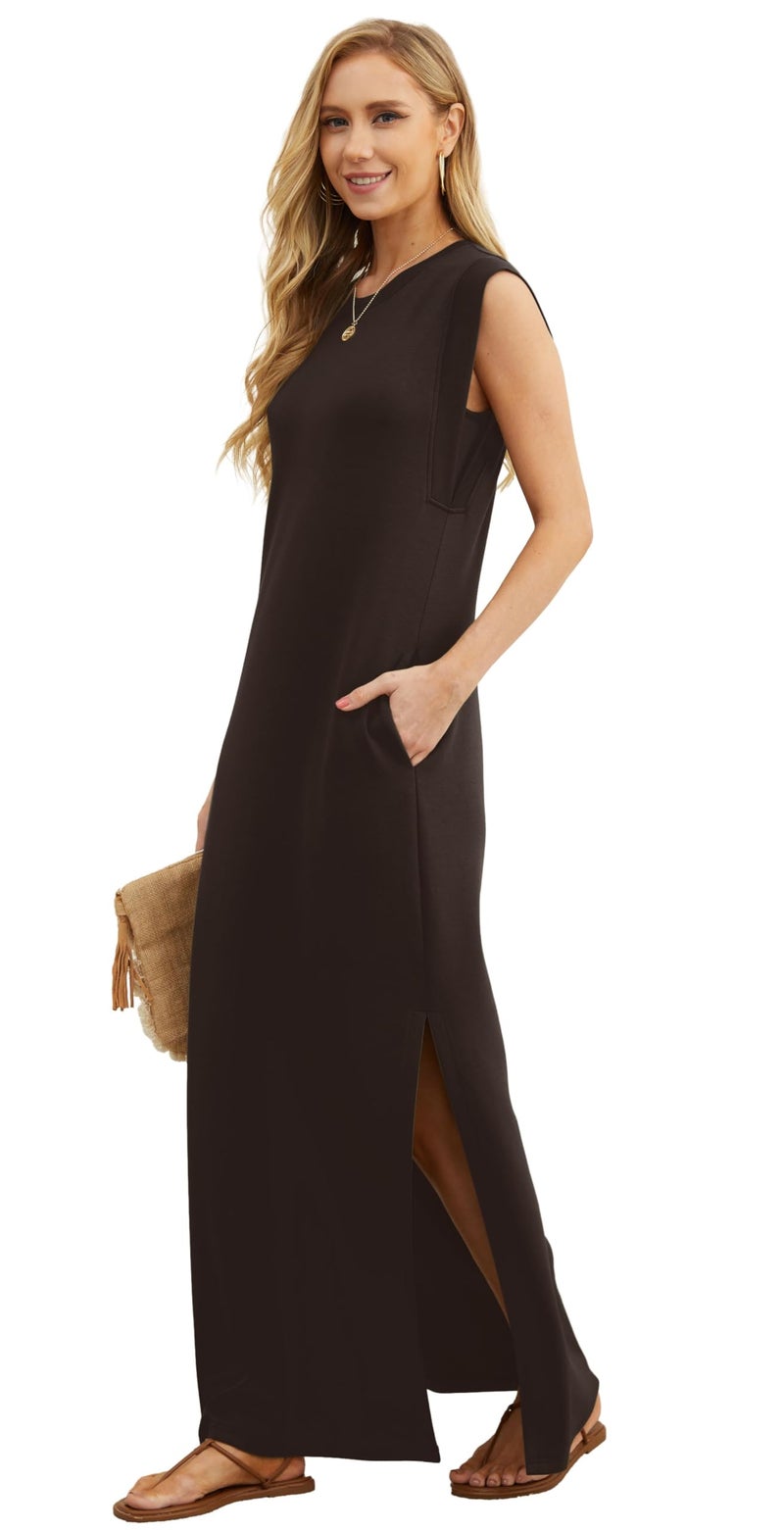 GRECERELLE Womens Summer Casual Loose Beach Split Long Maxi Dress with Pockets (Medium, Dark Coffee) - Image 2