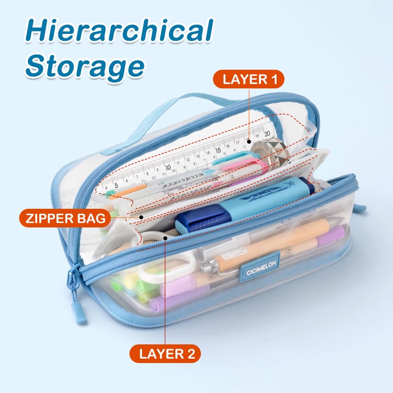 CICIMELON Transparent Mesh Pencil Pouch with Handle Big Case Clear Pen Bag College Essentials School Supplies, Light Blue - Image 2