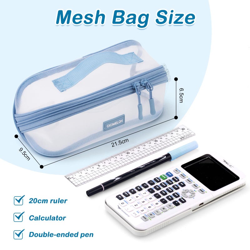 CICIMELON Transparent Mesh Pencil Pouch with Handle Big Case Clear Pen Bag College Essentials School Supplies, Light Blue - Image 5