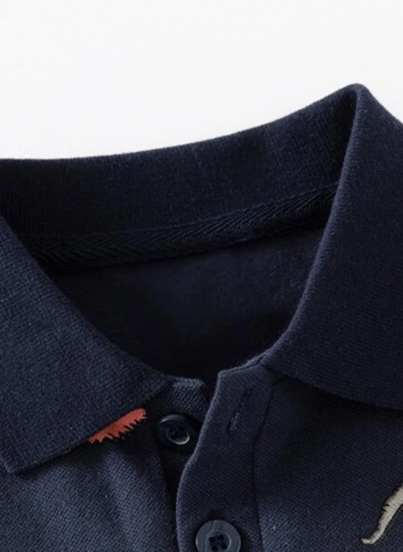 يونيكي Navy Blue Printed Polo Collar Cotton T-shirt