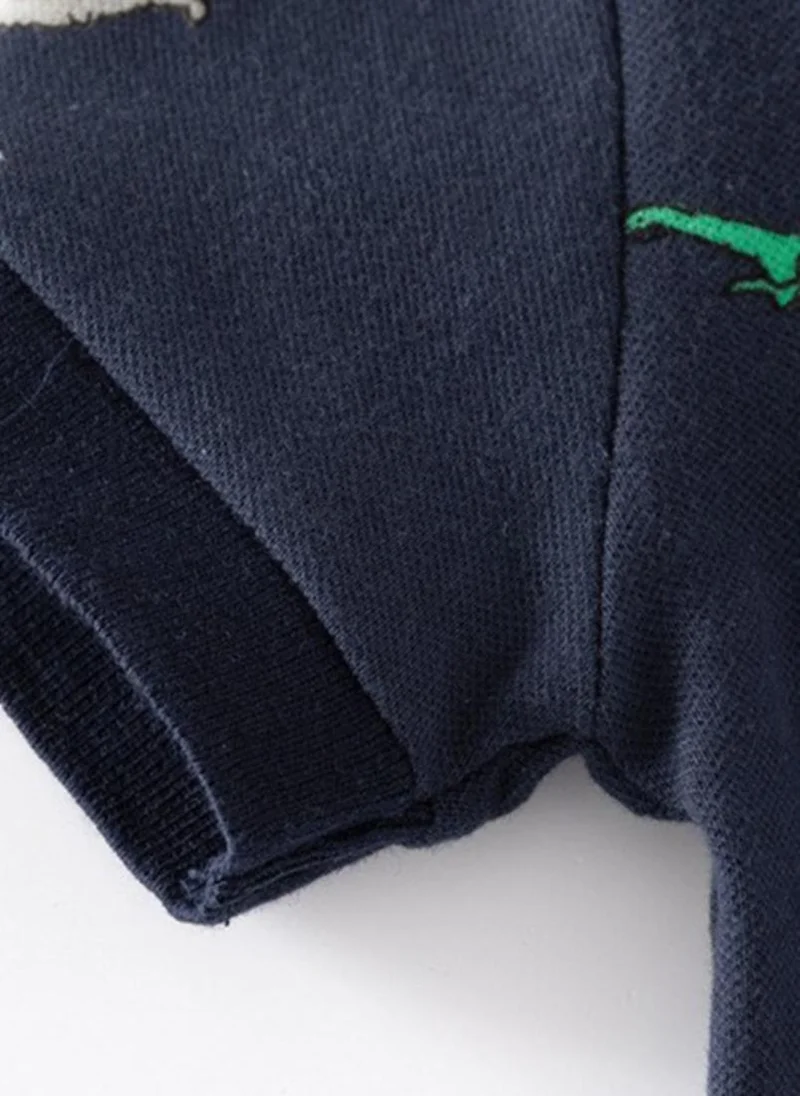 يونيكي Navy Blue Printed Polo Collar Cotton T-shirt