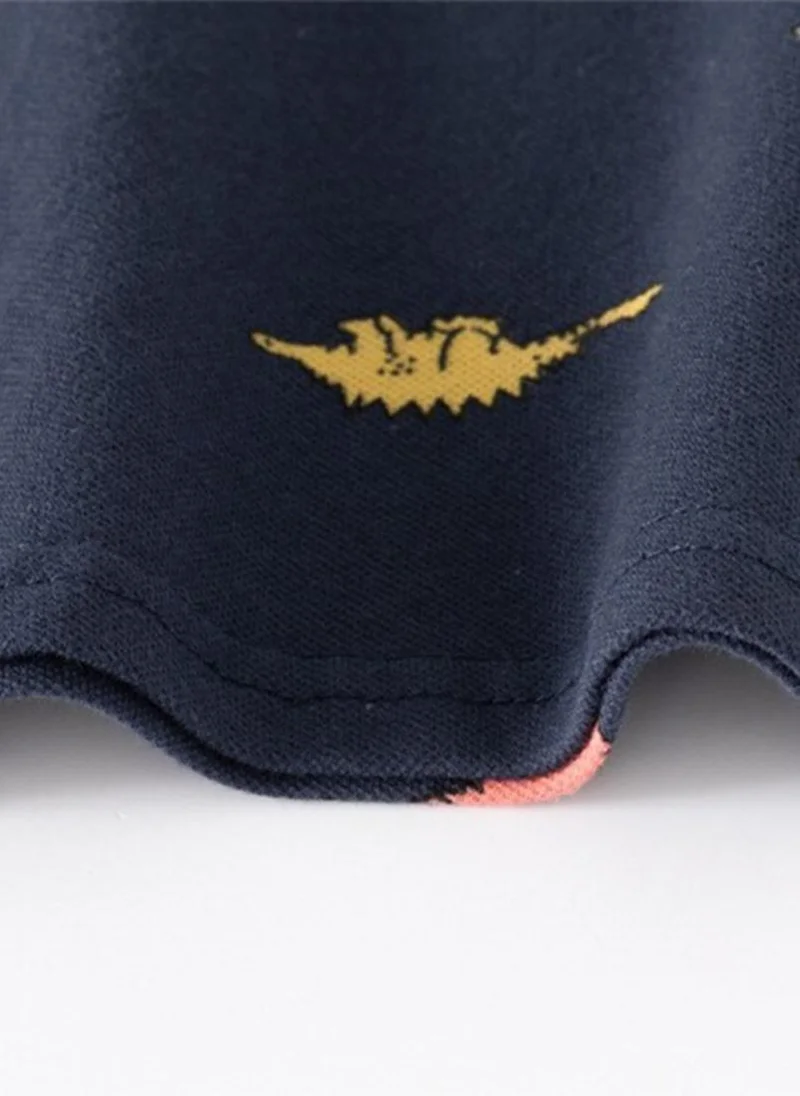 يونيكي Navy Blue Printed Polo Collar Cotton T-shirt