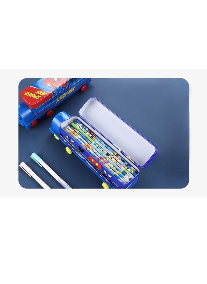 Generic - Cartoon Printed School Bus Matal Pencil Box with Moving Tyres and for Kids - Blue - Image 1