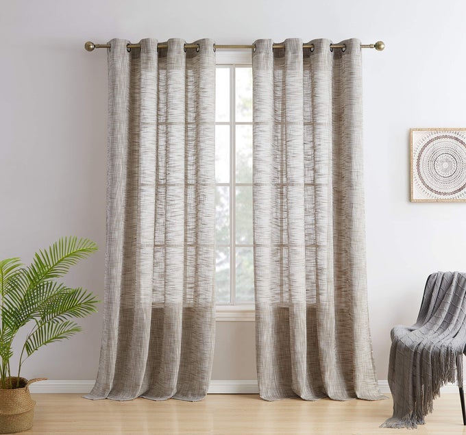 HLCME MADISON FAUX LINEN TEXTURED SEMI SHEER PRIVACY LIGHT FILTERING TRANSPARENT WINDOW GROMMET FLOOR LENGTH THICK CURTAINS DRAPERY PANELS FOR OFFICE LIVING ROOM 2 PANELS 54 W X 84 L TAUPE