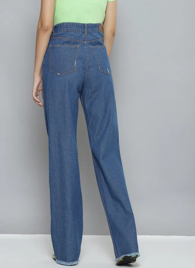 SASSAFRAS Comfort Wide Leg High-Rise Mildly Distressed Jeans for Women