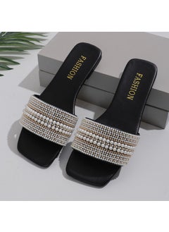Generic Womens Flat Bottom Sandals 2025 Summer New Style One-Row Straight Head Beaded Rhinestone Sandals Womens Outdoor Adult Use Black 