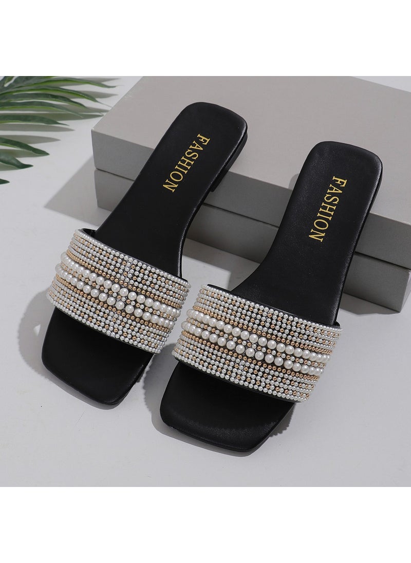 Generic - Womens Flat Bottom Sandals 2025 Summer New Style One-Row Straight Head Beaded Rhinestone Sandals Womens Outdoor Adult Use Black - Image 1