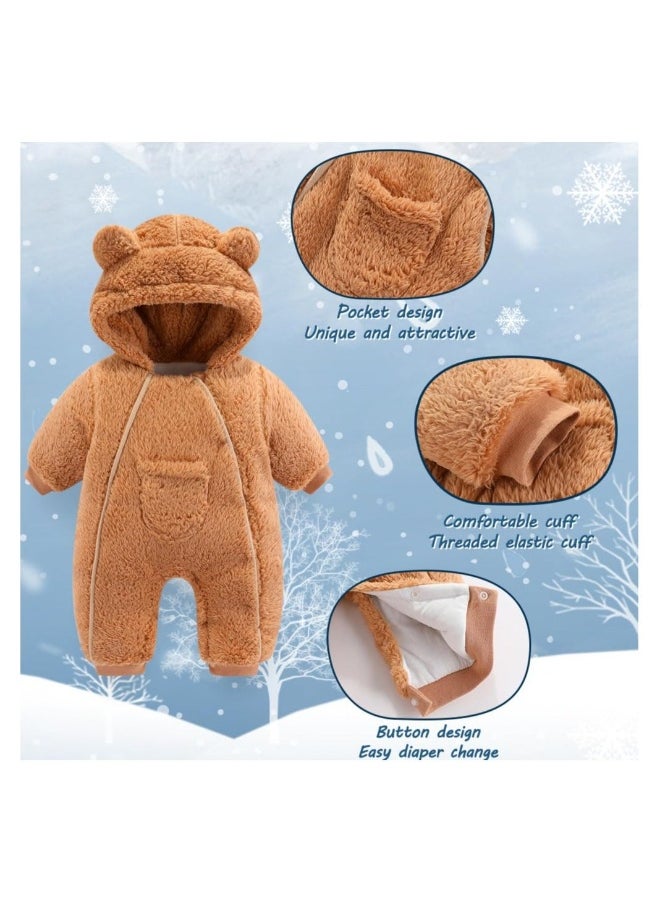 Generic - 1Pcs Newborn Baby Bear Onesie Outfit Suit Girls Boys Fleece Jumpsuit Romper Hooded Coat Winter Clothes Outwear Snowsuit 59cm Khaki - Image 1