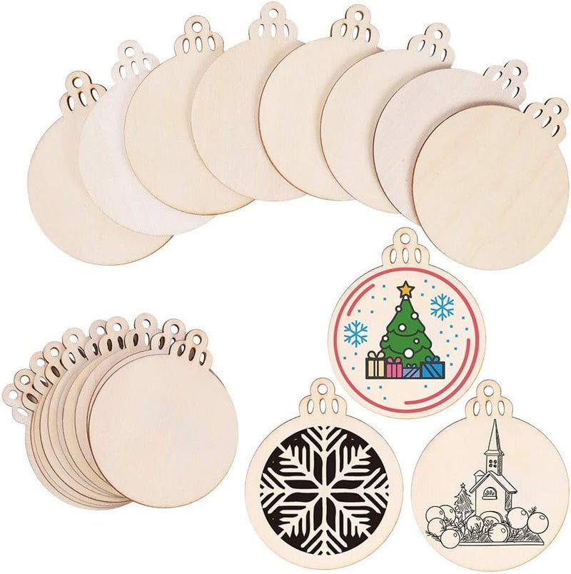 Max Fun 60PCS 3.5" DIY Wooden Christmas Ornaments Unfinished Predrilled Wood Slices Circles for Crafts Round Centerpieces Discs Holiday Hanging Decorations - Image 3