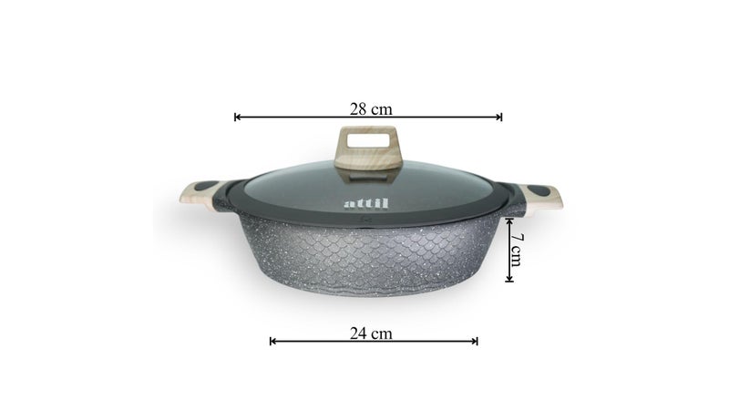 ATTIL - 28 cm - Non Stick Deep Fry Pan with Glass Lid - Induction Base - Granite Cookware Deep Frying Pan 3.75Ltr, Granite Finish - Grey - Image 2