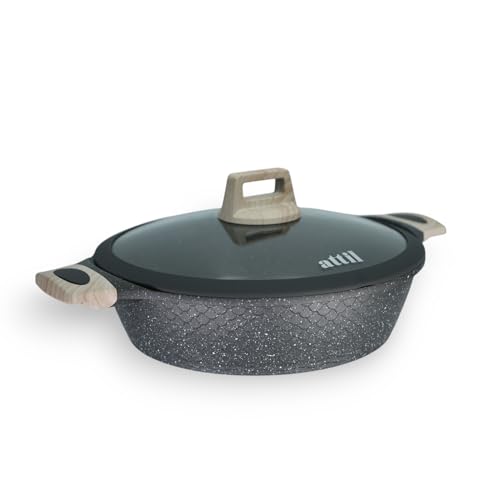 ATTIL - 28 cm - Non Stick Deep Fry Pan with Glass Lid - Induction Base - Granite Cookware Deep Frying Pan 3.75Ltr, Granite Finish - Grey - Image 1