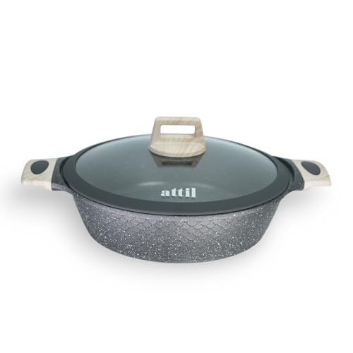 ATTIL - 28 cm - Non Stick Deep Fry Pan with Glass Lid - Induction Base - Granite Cookware Deep Frying Pan 3.75Ltr, Granite Finish - Grey - Image 3